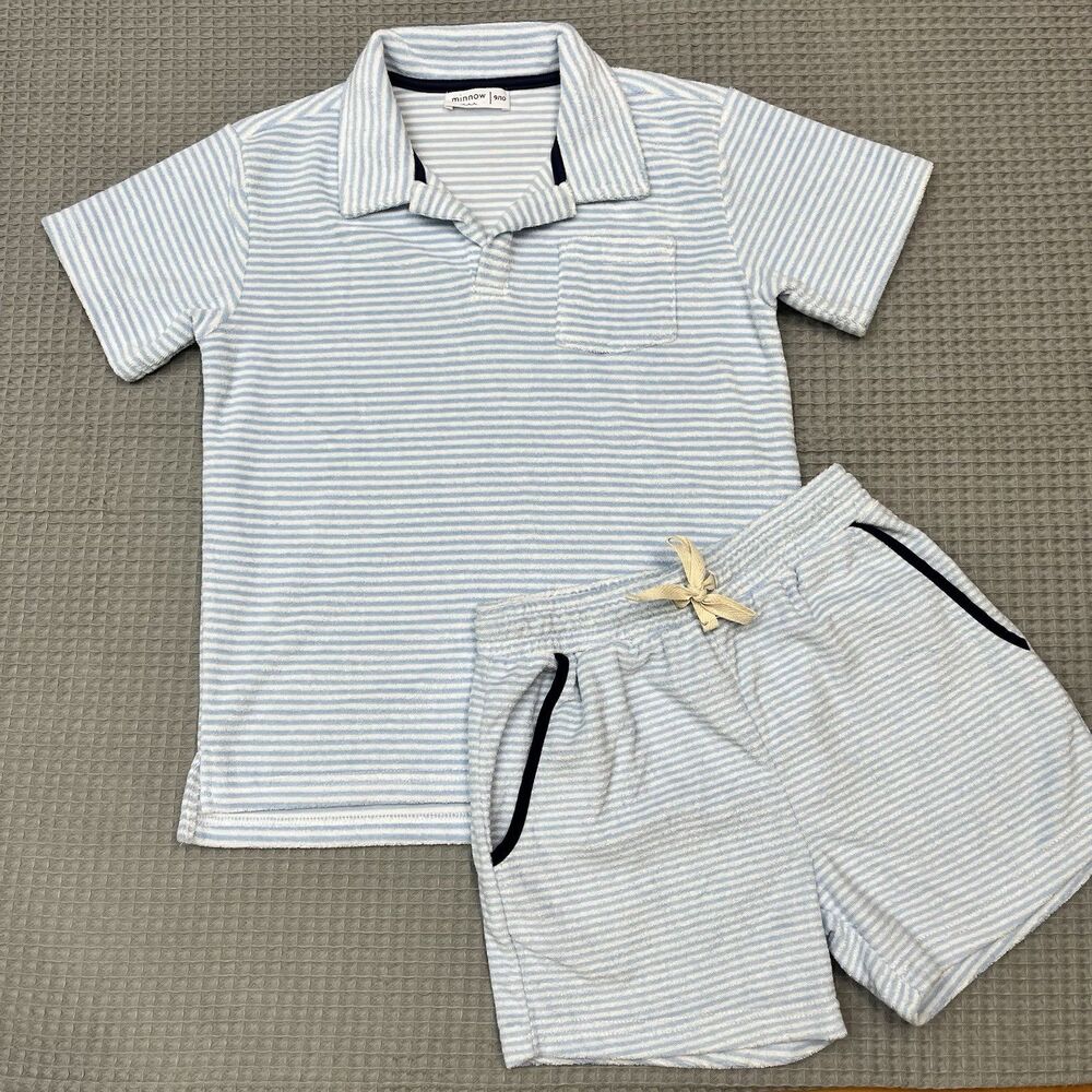Minnow Boys Polo Short Set 9/10 Powder Blue Striped French Terry 2 PC Outfit